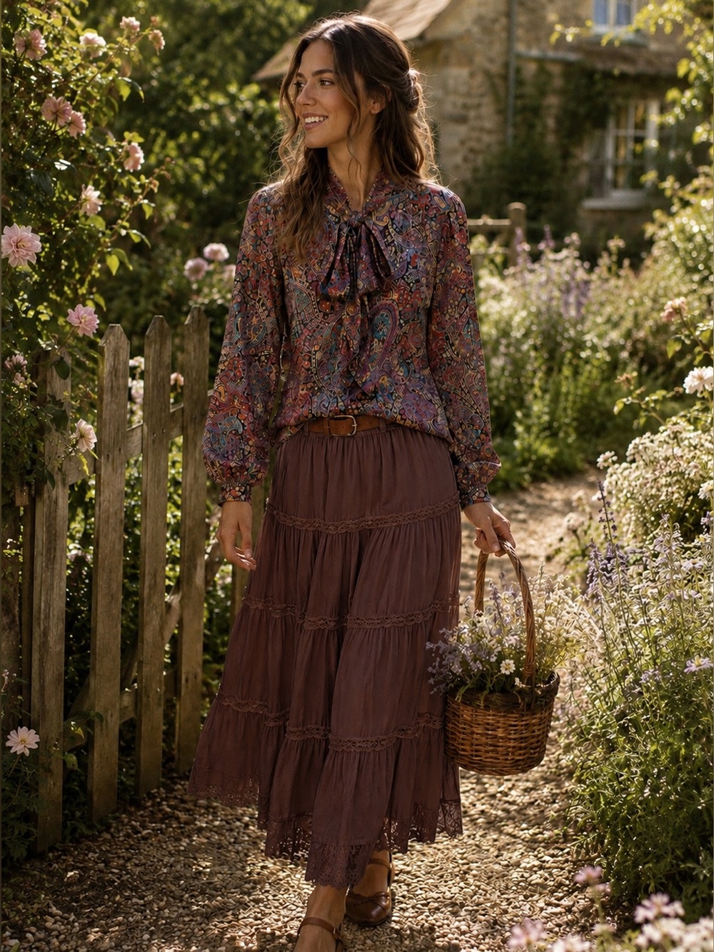 Vintage Elite Brand Paisley Tie-Neck Blouse in Multicolor